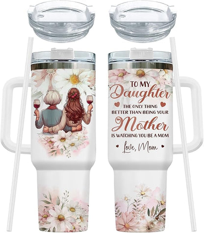 Mother and Daughter Tumbler with Handle & Straw, 40oz Stainless Steel Vacuum Insulated Expecting Mom Mug with Lid, Birthday First Mothers Day Gifts for Daughter, New Mom